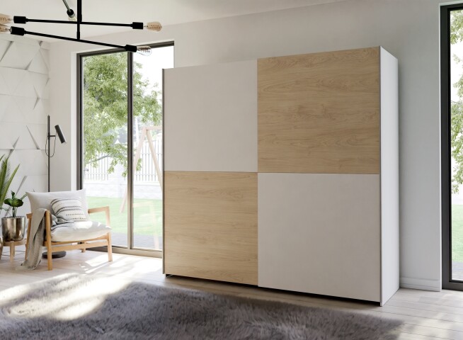 Schiebetürenschrank >Schach&matt< in Weiss /Puccini Eiche  - 200,1x190,5x61,2 (BxHxT)