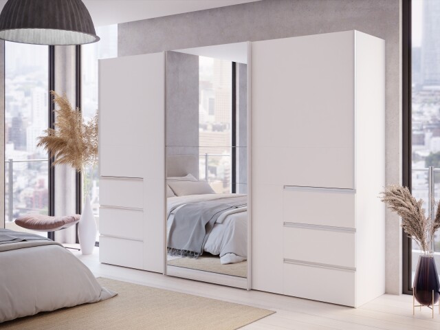 Schiebetürenschrank >WINN 2< in Weiss / Spiegel - 269,7x200,5x61cm (BxHxT)