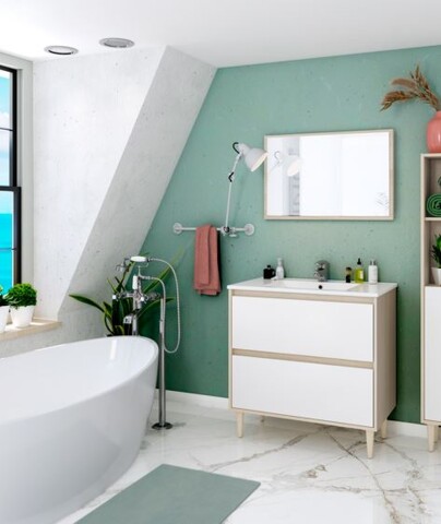 Badezimmer-Set >VERONA< in Eiche/Weiß Hochglanz - 80x80x45 (BxHxT)