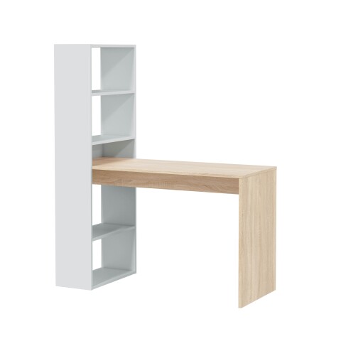 Multifunktionaler Regal-Schreibtisch >Duplo< in Kanada-Eiche/Artik-Weiß – 120x144x53 cm (BxHxT), Flexible Stauraumlösung, 5 Fächer, Made in Spain, Bodenschonende Möbelgleiter, Einfacher Aufbau