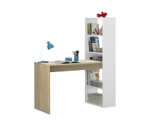 Multifunktionaler Regal-Schreibtisch >Duplo< in Kanada-Eiche/Artik-Weiß – 120x144x53 cm (BxHxT), Flexible Stauraumlösung, 5 Fächer, Made in Spain, Bodenschonende Möbelgleiter, Einfacher Aufbau