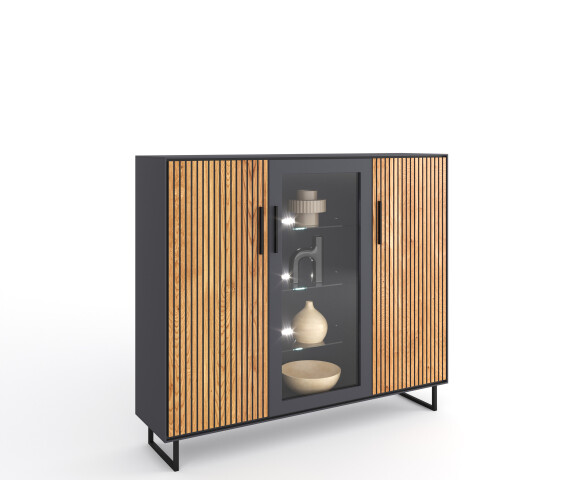 Highboard >Joe< in Eiche / anthrazit, Eiche teilmassiv - 146x147x40cm (BxHxT)