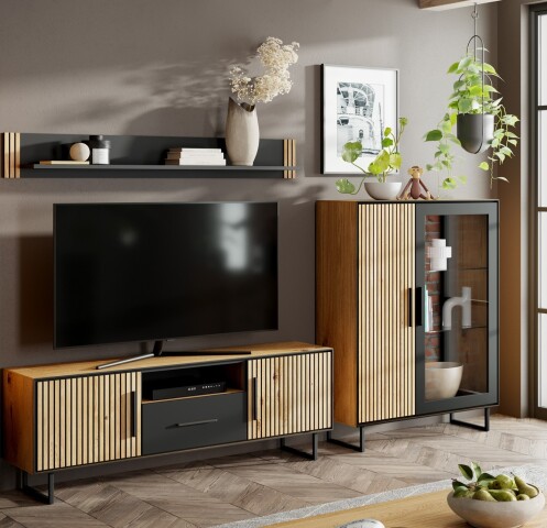 Wohnwand >Eddie< (3-teilig) in Eiche / schwarz - 287x173x40 (BxHxT)