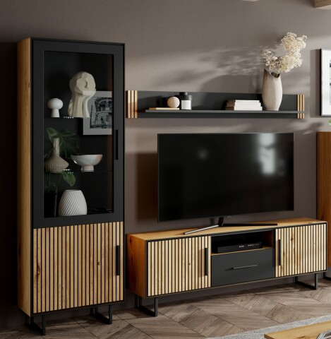 Wohnwand >Eddie< (3-teilig) in Eiche / schwarz - 239x197x40 (BxHxT)