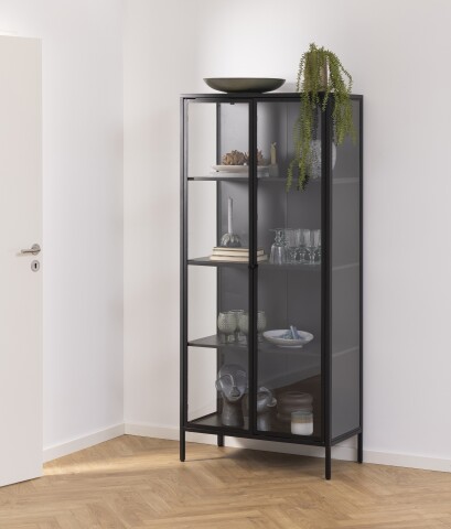 Glasvitrine >Newcastle< in schwarz, Stahl - 80x180x40cm (BxHxT)