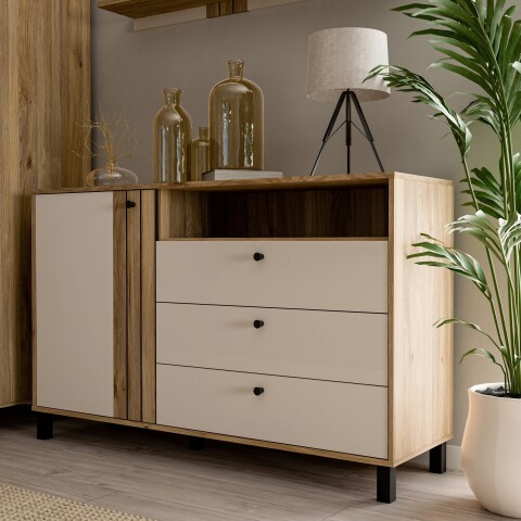 Kommode >KILLARNEY< in Sand / Mauvella Eiche Dekor - 138,1x87x42cm (BxHxT)