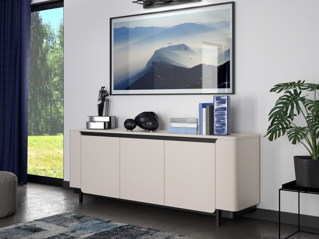 Sideboard >VODOL< in sand,schwarz mit 3 Sofclose-Türen - 204,9x77,9x44,8cm (BxHxT)