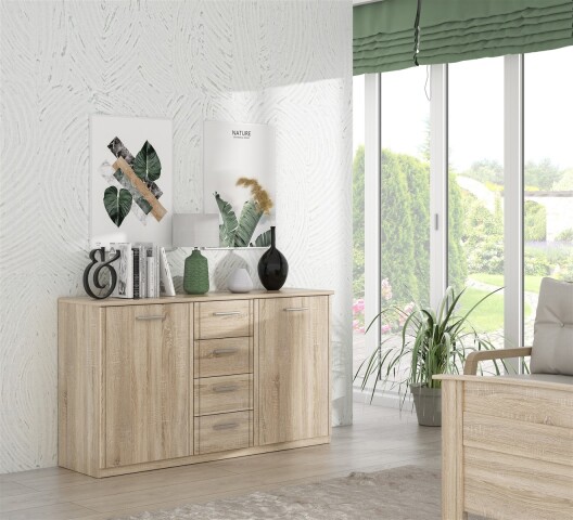 Sideboard >GLORIA< in Sonoma Eiche Dekor, 2 Türen, 4 Schubladen - 147x84,3x41cm (BxHxT)