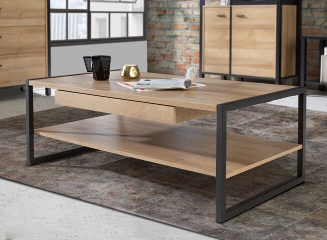 Couchtisch >HIGH ROCK< in Riviera Eiche Dekor mit Schublade - 111x40x60cm (BxHxT)