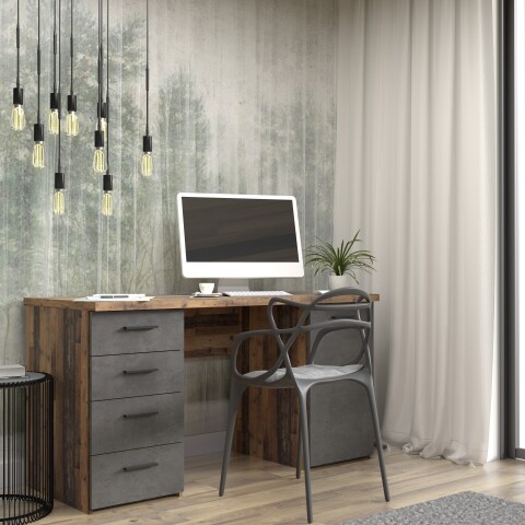 Schreibtisch >NET106< mit 4 Schubladen und Tür, in Betonoptik Dunkelgrau/Old-Wood Dekor - 145x76,3x60cm (B/H/T)