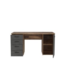 Schreibtisch >NET106< mit 4 Schubladen und Tür, in Betonoptik Dunkelgrau/Old-Wood Dekor - 145x76,3x60cm (B/H/T)