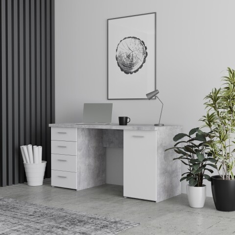 Schreibtisch >NET106< mit 4 Schubladen und Tür, in Weiss/ Betonoptik Lichtgrau - 145x76,3x60cm (BxHxT)