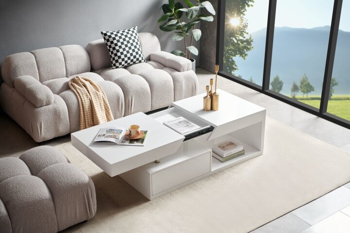 Couchtisch >2189< mit 2 Schubladen in Weiß Hochglanz, MDF - 120x43x60cm (BxHxT)
