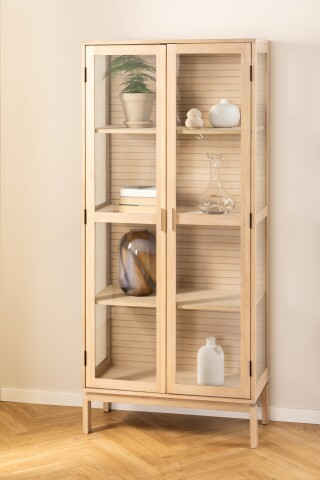 Glasvitrine >Linley< mit 2 Türen, in Eiche weiss, MDF - 80x180x40cm (BxHxT)