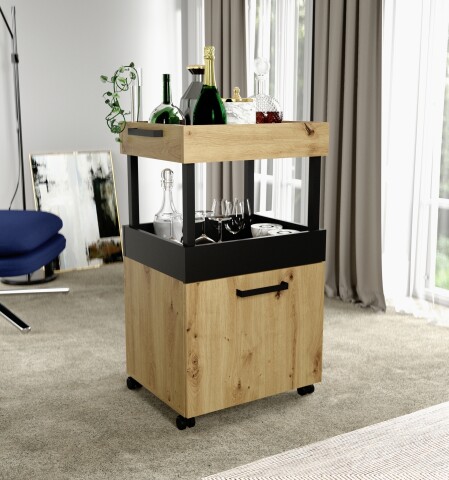 Servierwagen >Home Bar< auf Rollen, in Artisan Eiche Dekor / Schwarz - 50,2x88,5x41cm (BxHxT)
