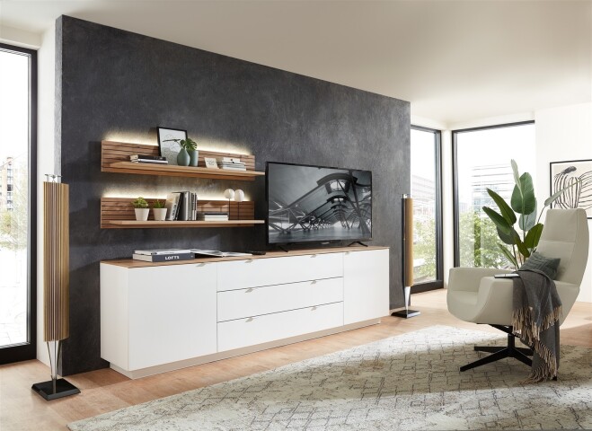 Wohnwand >Core< (3-teilig) in weiß supermatt / Artisan Dekor - 240x77x44 (BxHxT)