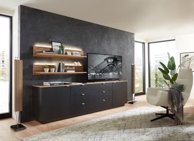 Wohnwand >Core< (3-teilig) in schwarz matt / Artisan Dekor - 240x77x44 (BxHxT)