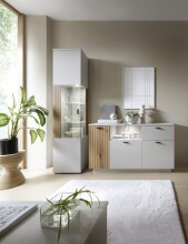 Glasvitrine >ALVERNO< in Asche/Coast Evoke Eiche Lamelle-Dekor - 50x208x40 (BxHxT)