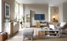 Glasvitrine >ALVERNO< in Asche/Coast Evoke Eiche Lamelle-Dekor - 50x208x40 (BxHxT)