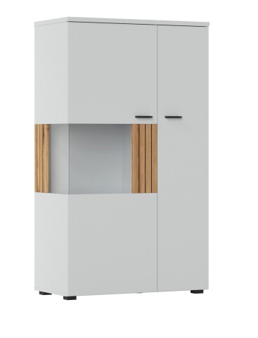 Stauraumvitrine >ALVERNO< 2 Türen, in Asche/Coast Evoke Eiche Lamelle-Dekor - 80x139x40 (BxHxT)