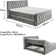Boxspringbett >Cashfield< 6cm Topper, 2 Bettkästen, Bezugsstoff hellgrau gesteppt, Liegefläche 180x200cm - Stellmaß 200x113x225cm (BxHxT)