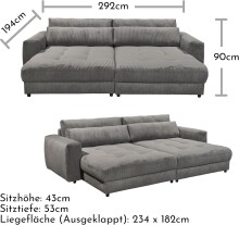 Big-Sofa >BARURA Loveseat< mit 4 Kissen, Bezug Cord-Optik anthrazit "ash" - 292x90x194 (BxHxT)