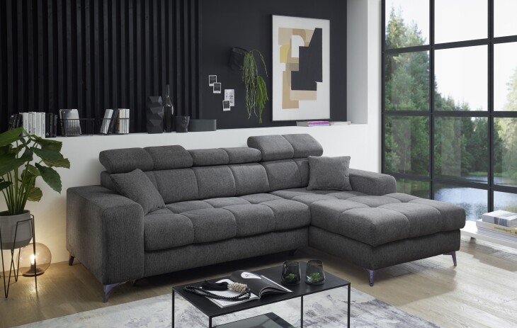 Ecksofa >SYDNEY< Elektrische Sitztiefenverstellung, 3 verstellbare Kopfstützen, Bettkasten, in anthrazit - 268x105x172 (BxHxT)