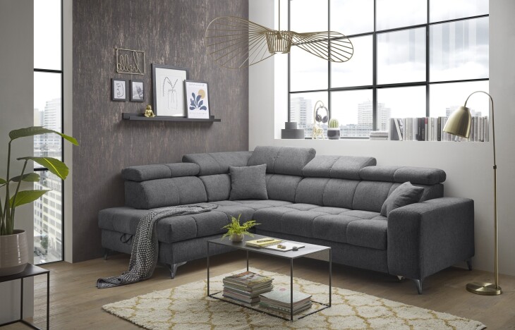 Ecksofa >SYDNEY< Elektrische Sitztiefenverstellung, 5 verstellbare Kopfstützen, Bettkasten, in anthrazit - 282x105x198 (BxHxT)