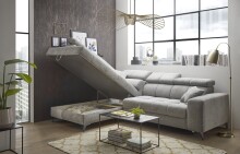 Ecksofa >SYDNEY< Elektrische Sitztiefenverstellung, 5 verstellbare Kopfstützen, Bettkasten, Bezugsstoff "taupe" - 282x105x198 (BxHxT)