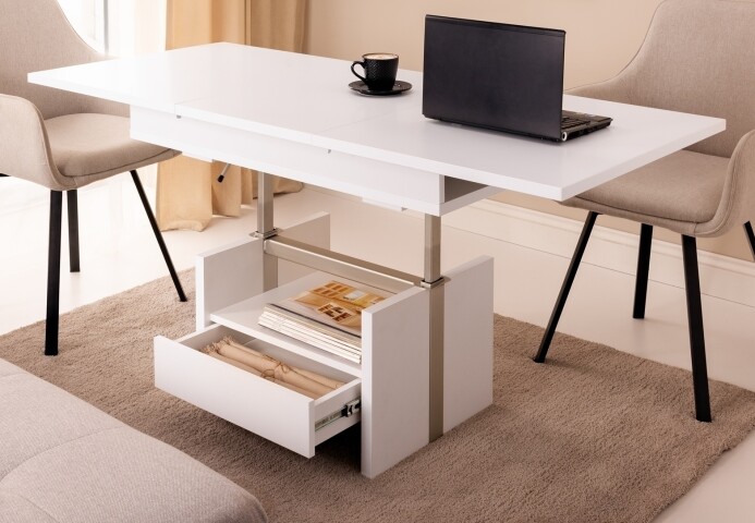 Couchtisch >CORTADO< ausziehbar bis 150cm, höhenverstellbar bis 72cm, Schublade, in Alpinweiß - 110/150x56/72x65cm (BxHxT)