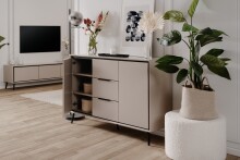 Sideboard >Arona< 2 Türen, 3 Schubladen, 4 Böden, in Sand / Schwarz - 135x90x38cm (BxHxT)