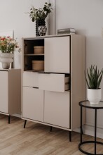 Highboard >Arona< 4 Türen, 2 Schubladen, 4 Böden, in Sand / Schwarz - 90x140x38cm (BxHxT)