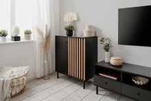Kommode >Monza< 2 Türen, 2 Böden, 3D-Lamellen-Optik, in schwarz / Dekor Artisan Eiche - 80x90x40cm (BxHxT)