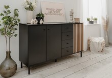 Sideboard >Monza< 2 Türen, 4 Schubladen, 2 Böden, 3D-Lamellen-Optik, in schwarz / Dekor Artisan Eiche - 160x90x40cm (BxHxT)