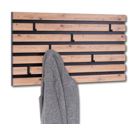 Garderobenpaneel >Tip 1< 6 Haken, 3D Artisaneiche Dekor, Metall schwarz - 80x40 (LxH)