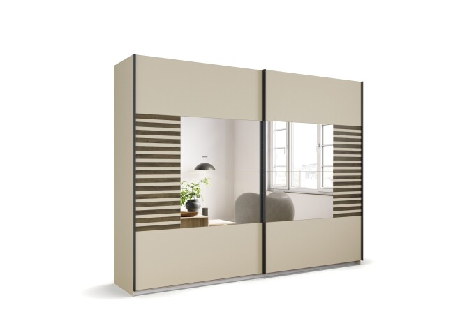Schwebetürenschrank >Barea< 3 Böden, 3 Stangen, Eiche dunkel Dekor/Champagner - 271x210x62cm B/H/T