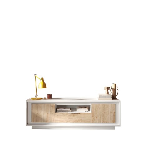 Lowboard >Siena< 2 Türen, 1 Schub, Weiss Lack matt, Cadiz Eiche Dekor - 180x58x50 BxHxT