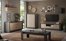 Sideboard >Siena< 2 Türen, 3 Schübe, Lava anthrazit/ Cadiz Eiche Dekor - 180x80x50 BxHxT