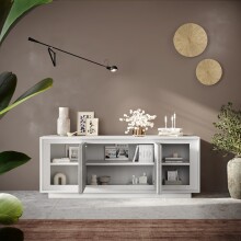 Sideboard >Siena< 4 Türen, Soft-Close, Weiss Lack matt / Beton-Optik - 207x80x50 (BxHxT)