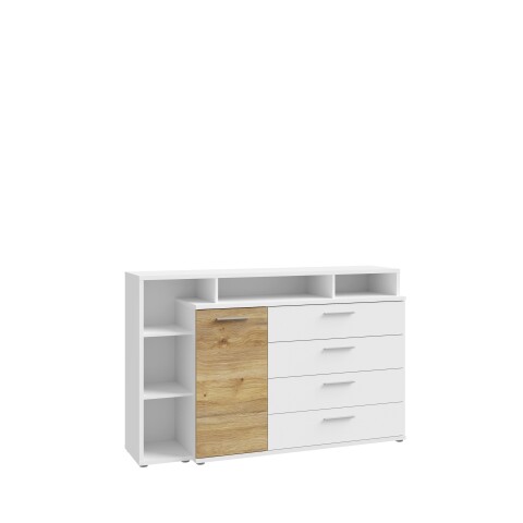 Sideboard >MAYACUS< 4 Schübe, 1 Tür, 5 Fächer, weiß,Eiche Dekor - 153,1x98,5x41,3cm BxHxT