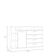 Sideboard >MAYACUS< 4 Schübe, 1 Tür, 5 Fächer, weiß,Eiche Dekor - 153,1x98,5x41,3cm BxHxT