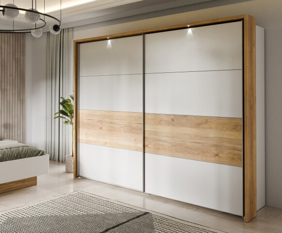 Schwebetürenschrank >MAYACUS< LED, 3 Stangen, 3 Böden, weiß, Eiche Dekor - 280,6x215,9x63cm B/H/T