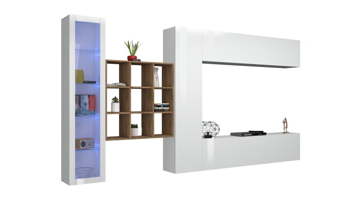 Wohnwand >Benevent< (5-teilig) in Weiß Hochglanz - 350x180x30 (BxHxT)