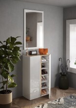 Schuhschrank >Farina< 2 Türen, Weiss Hochglanz Lack / Eiche Cadiz Dekor - 70x111x35cm B/H/T