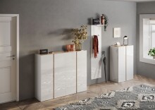 Schuhschrank >Farina< 2 Türen, Weiss Hochglanz Lack / Eiche Cadiz Dekor - 70x111x35cm B/H/T