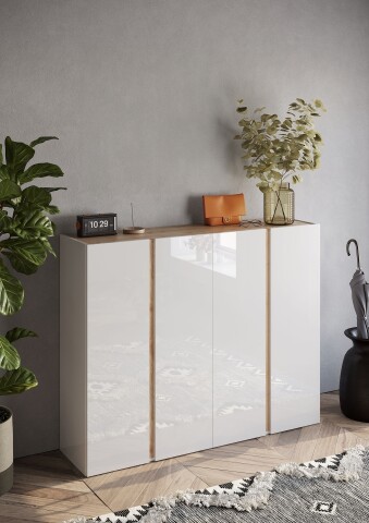 Schuhschrank >Farina< 4 Türen, Weiss Hochglanz Lack / Eiche Cadiz Dekor - 140x111x35cm B/H/T