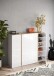 Schuhschrank >Farina< 4 Türen, Weiss Hochglanz Lack / Eiche Cadiz Dekor - 140x111x35cm B/H/T