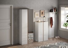 Schuhschrank >Farina< Spiegel, Weiss Hochglanz Lack / Eiche Cadiz Dekor - 70x185x35cm B/H/T