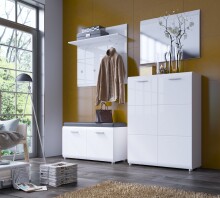 Schuhbank >MERANO < 2 Türen, 2 Böden, Kissen, Alpinweiß / Weiß Hochglanz - 96x56x39 BxHxT