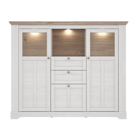 Stauramvitrine >ILOPPA< 3 Türen, 2 Schübe, Schnee/ Nelson Eiche Dekor - 165x136,1x44,3cm BxHxT